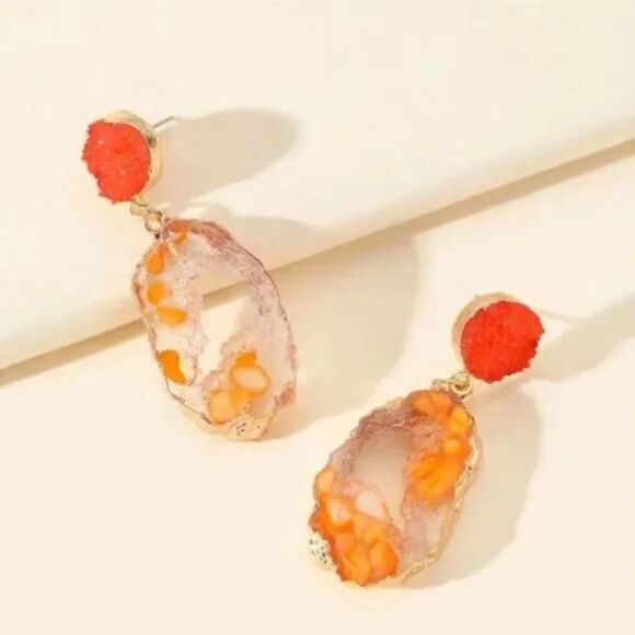 Color Block Orange Geode Inspired Women's Fashion Dangle Earrings - Picture 2 of 9